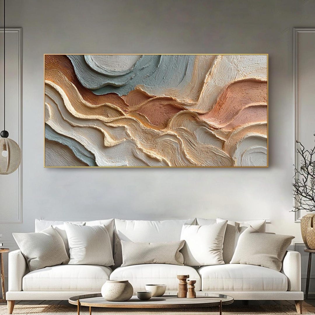 3D Wave Oil Painting on Canvas Beige and Terracotta Textured Wall Art ...