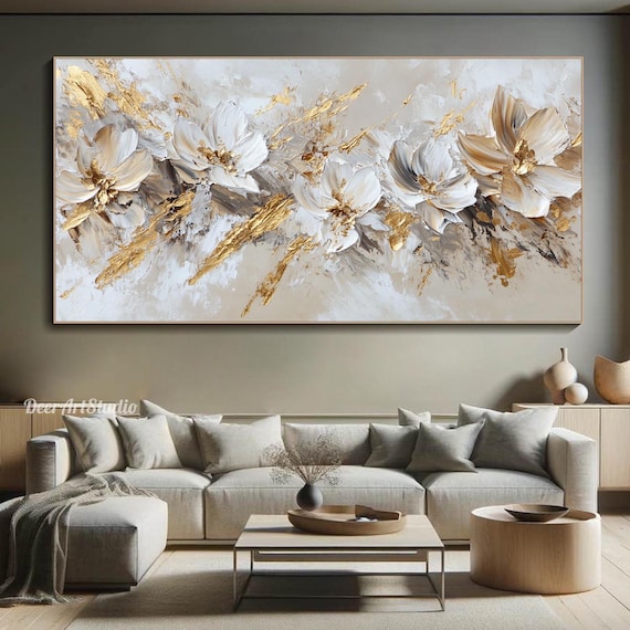 Large Minimalist Textured White and Gold Floral Wall Art Abstract Oil Painting On Canvas Impasto Elegant Flower Art Luxury Gold Home Decor