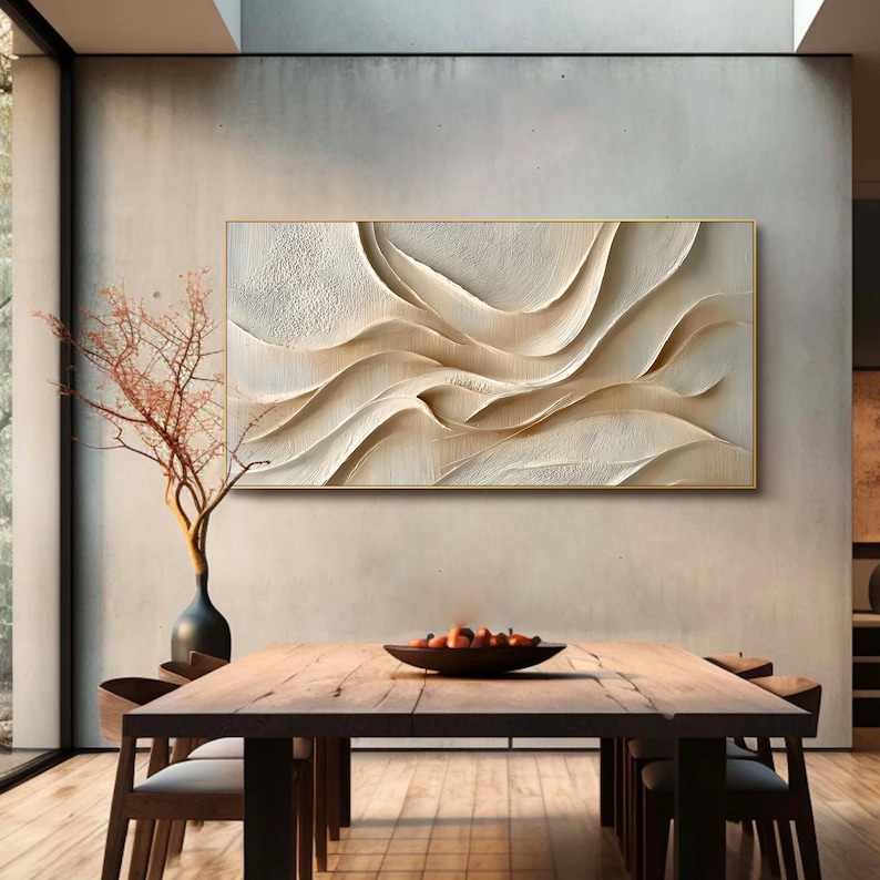 3D Abstract Oil Painting on Canvas Cream Beige Textured Wall Art Modern ...