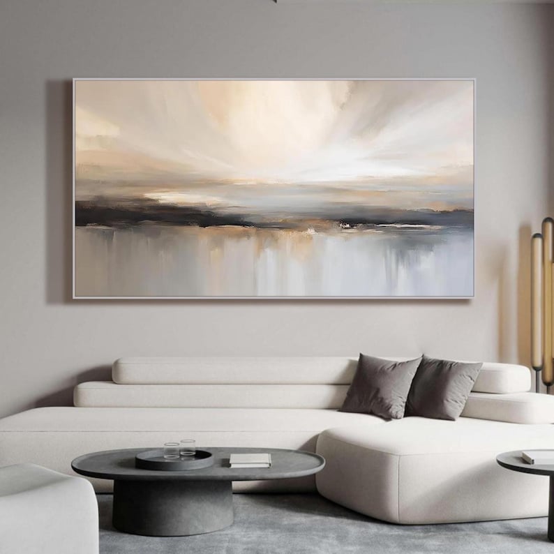 Neutral Landscape Painting on Canvas Textured Beige Cream Wall Art ...