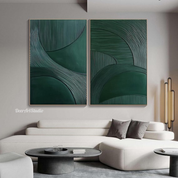 Large Original Textured Dark Green Wall Art Abstract Geometric Oil Painting On Canvas Minimalist Diptych 3D Wall Art Neutral Home Decor