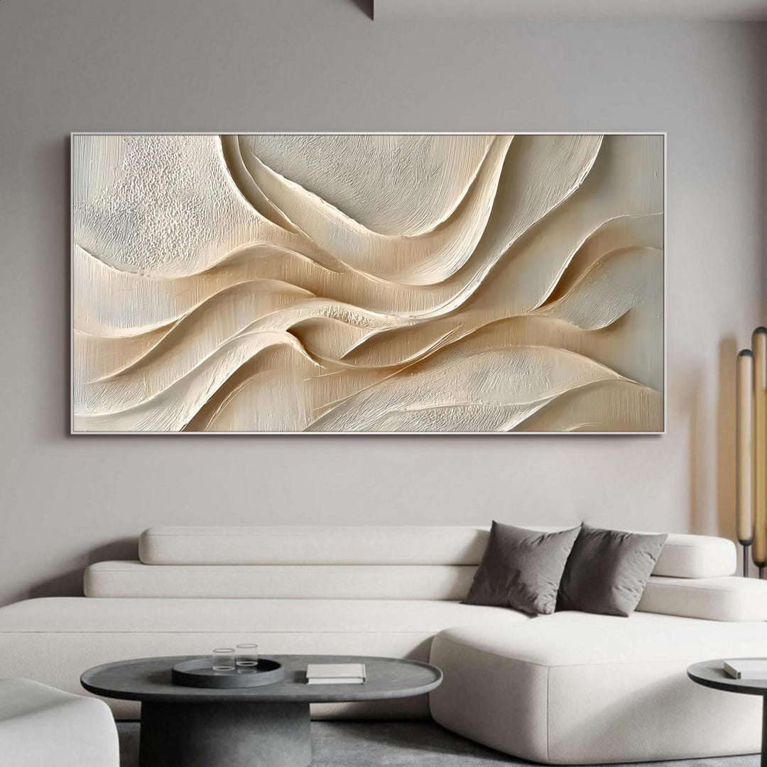 3D Abstract Oil Painting on Canvas Cream Beige Textured Wall Art Modern ...