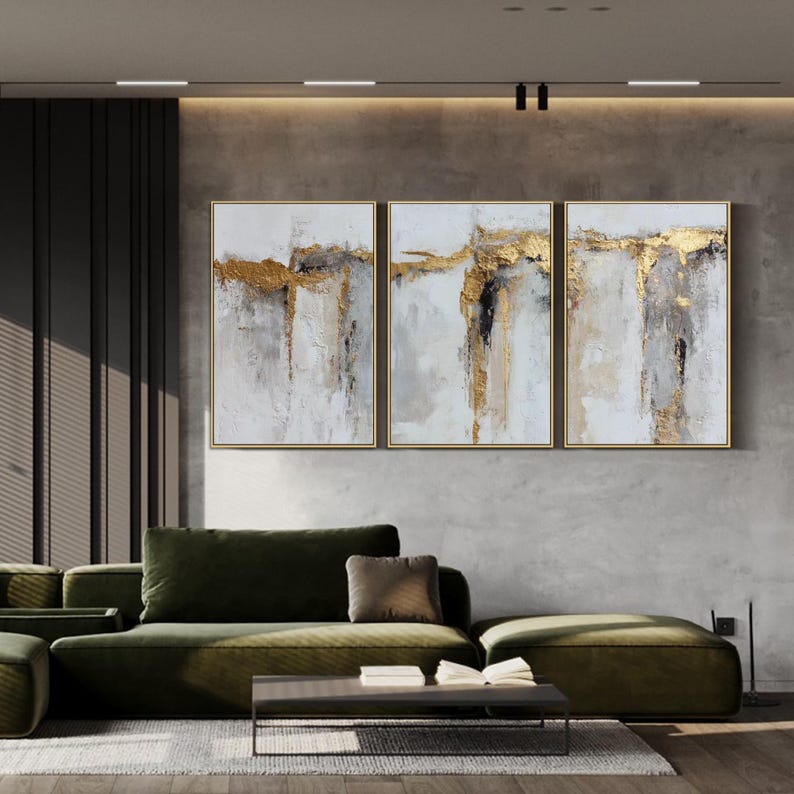 Abstract Gold Leaf Painting on Canvas Triptych Textured Wall Art Modern ...