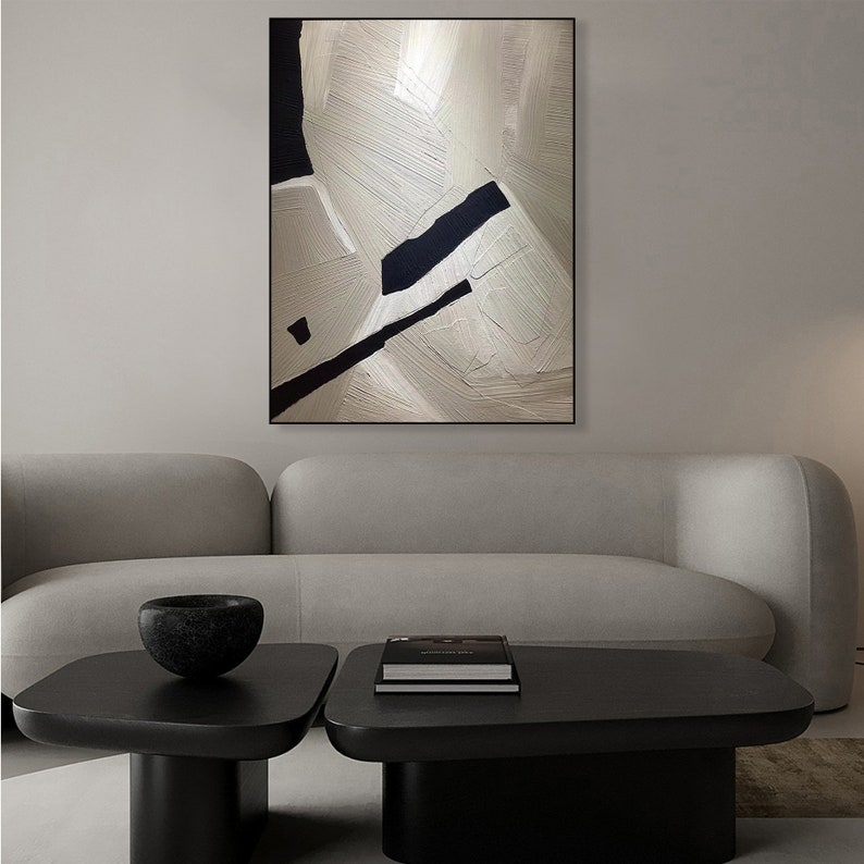 Abstraktes Gemälde aus der Mitte des Jahrhunderts in Weiß und Schwarz auf Leinwand, strukturierte Wandkunst, minimalistische Wabi-Sabi-Wandkunst, trendiges Dekor, Wohnzimmergemälde Bild 4