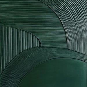 May include: Abstract artwork in shades of dark green. The textured surface features curved and vertical lines, creating a sense of depth and movement. The design includes a large, smooth, dark green area, adding contrast to the textured elements.
