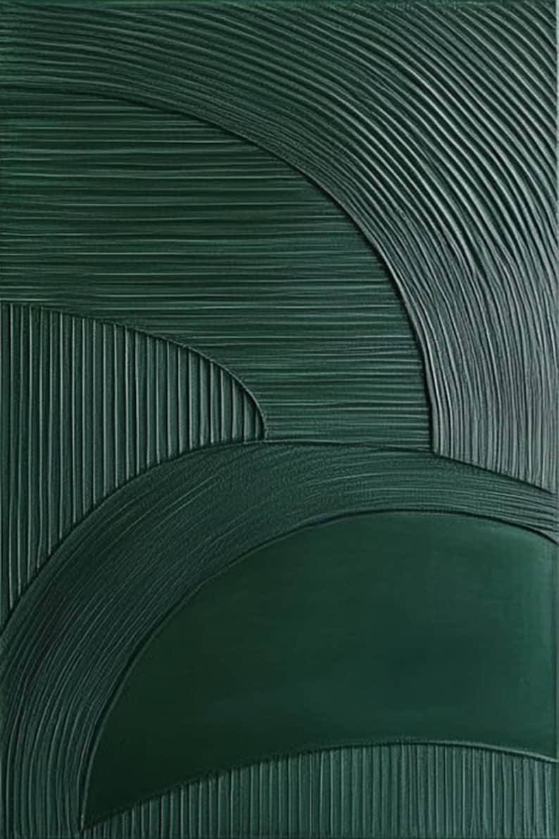May include: Abstract artwork in shades of dark green. The textured surface features curved and vertical lines, creating a sense of depth and movement. The design includes a large, smooth, dark green area, adding contrast to the textured elements.