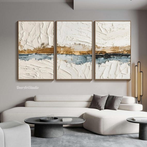 Modern Neutral Textured Wall Art 3 Panel Triptych Painting on Canvas Abstract Cream White Gold Art Large Minimalist Living Room Painting