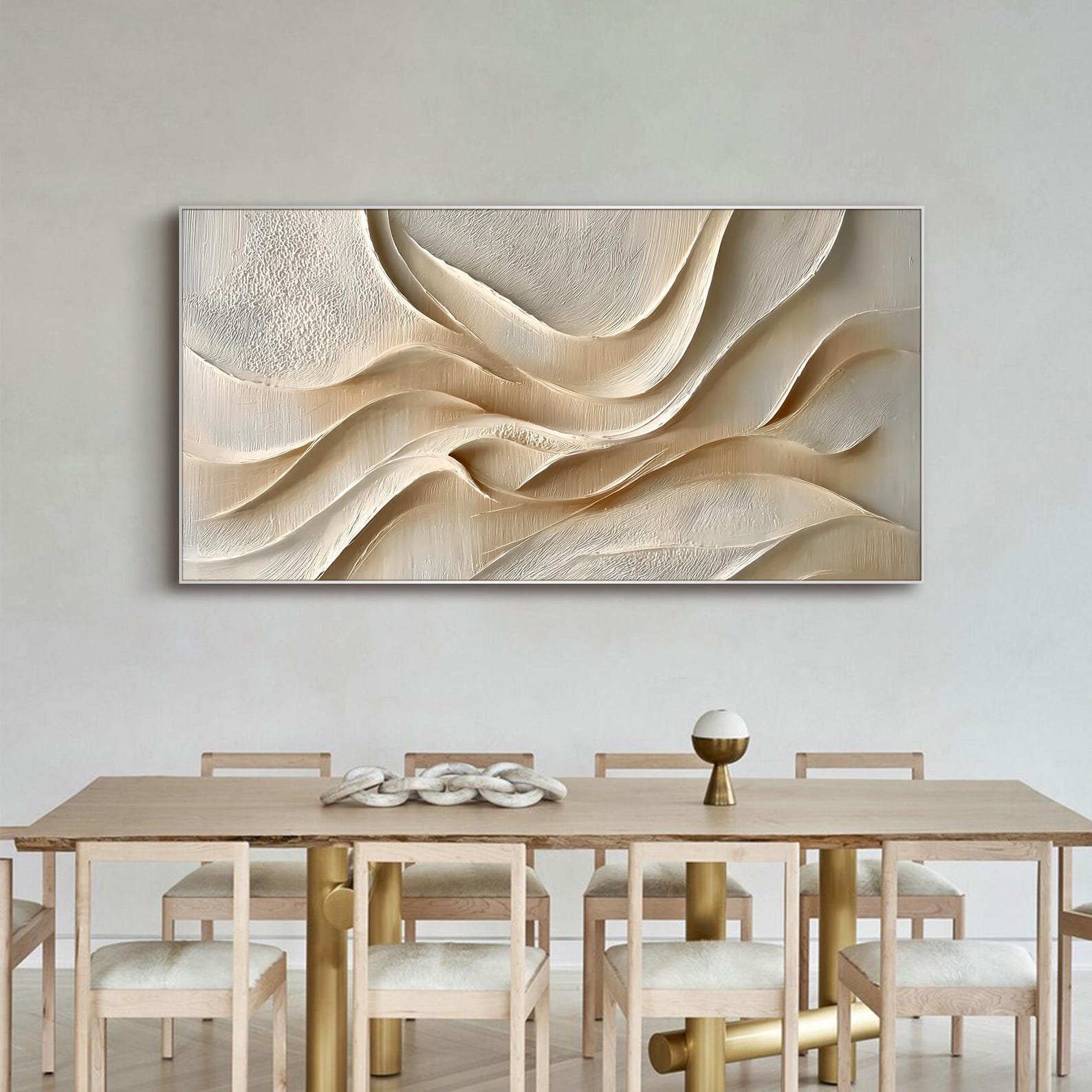 3D Abstract Oil Painting on Canvas Cream Beige Textured Wall Art Modern ...