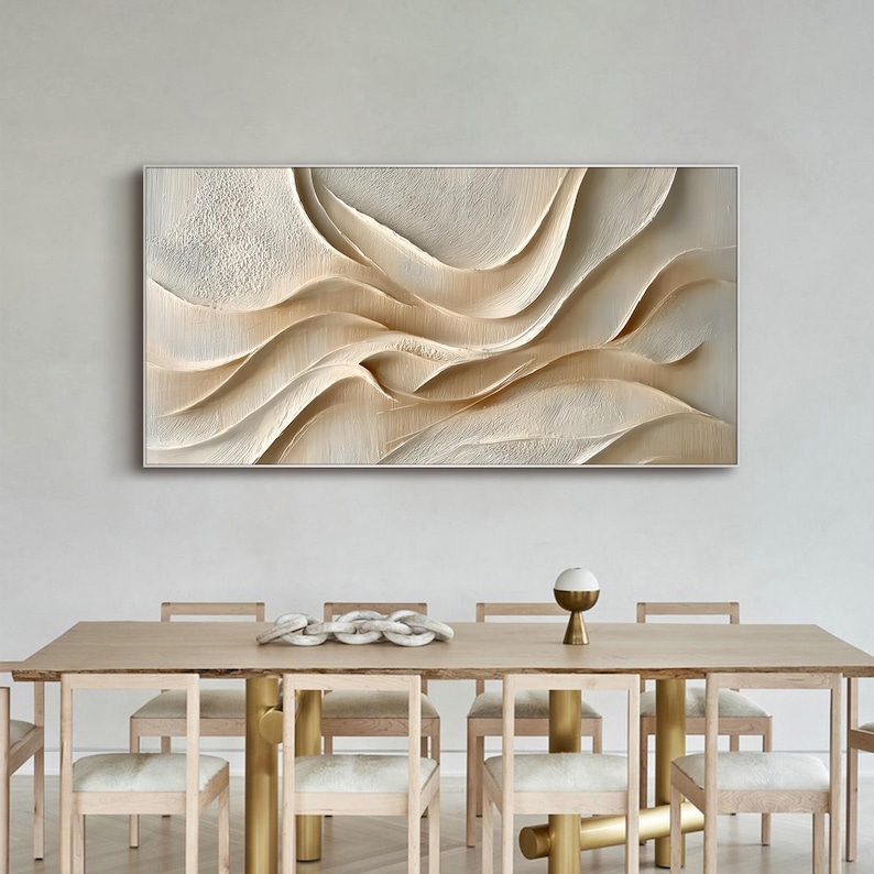 3D Abstract Oil Painting on Canvas Cream Beige Textured Wall Art Modern ...