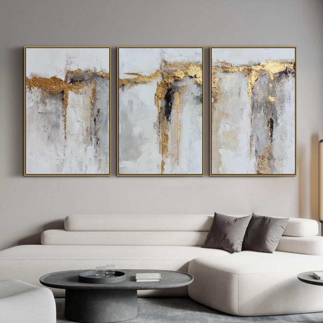 Abstract Gold Leaf Painting on Canvas Triptych Textured Wall Art Modern ...