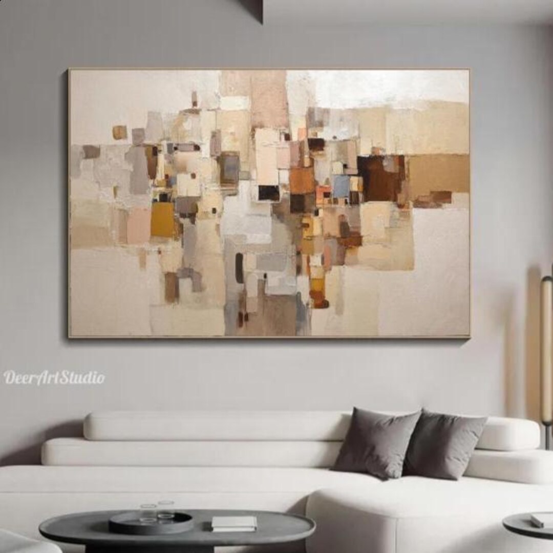 Abstract Oil Painting on Canvas Textured Beige Brown Wall Art ...