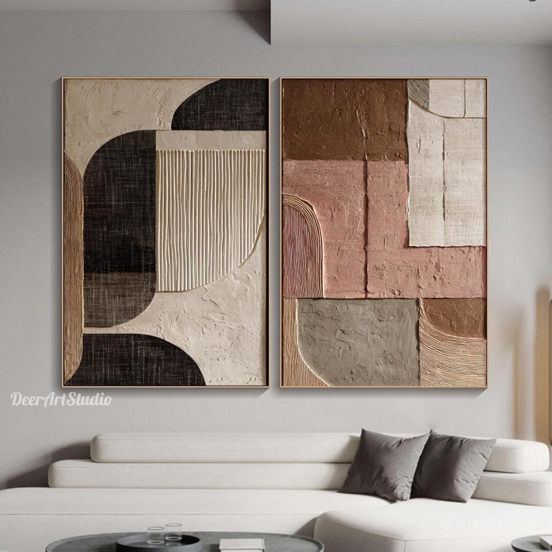 Geometric Textured Wall Art Beige Oil Painting on Canvas Modern ...