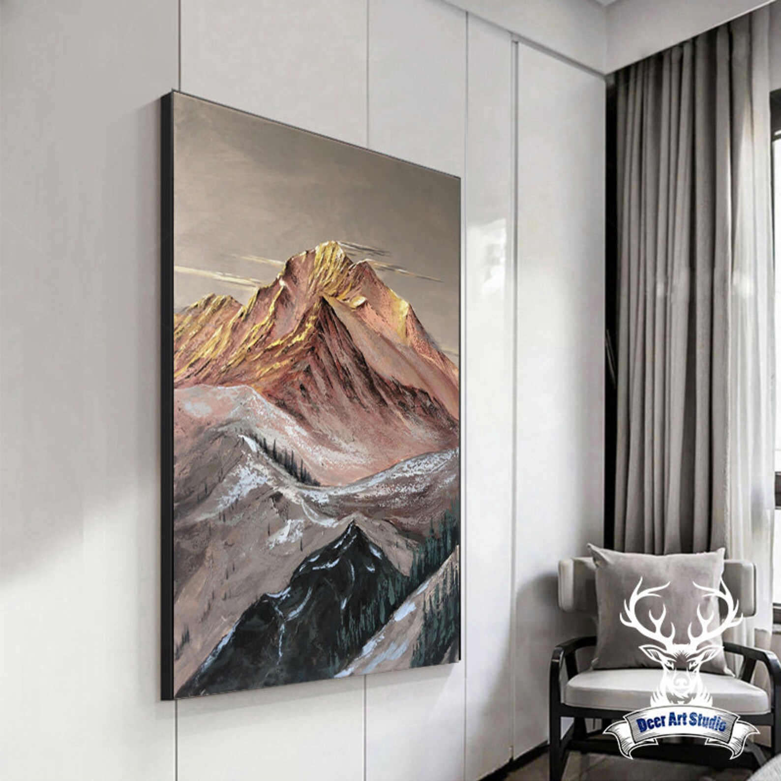 Gold Mountain Wall Decor Textured Wall Art Nature Oil Painting Etsy