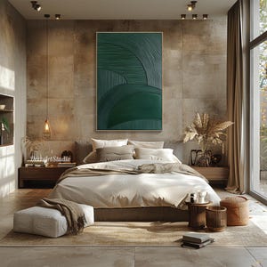May include: A modern bedroom with a large bed, neutral bedding, and a large green abstract painting. The room features wooden nightstands, a woven stool, and a soft rug. Decorative elements include dried plants and a hanging light fixture.
