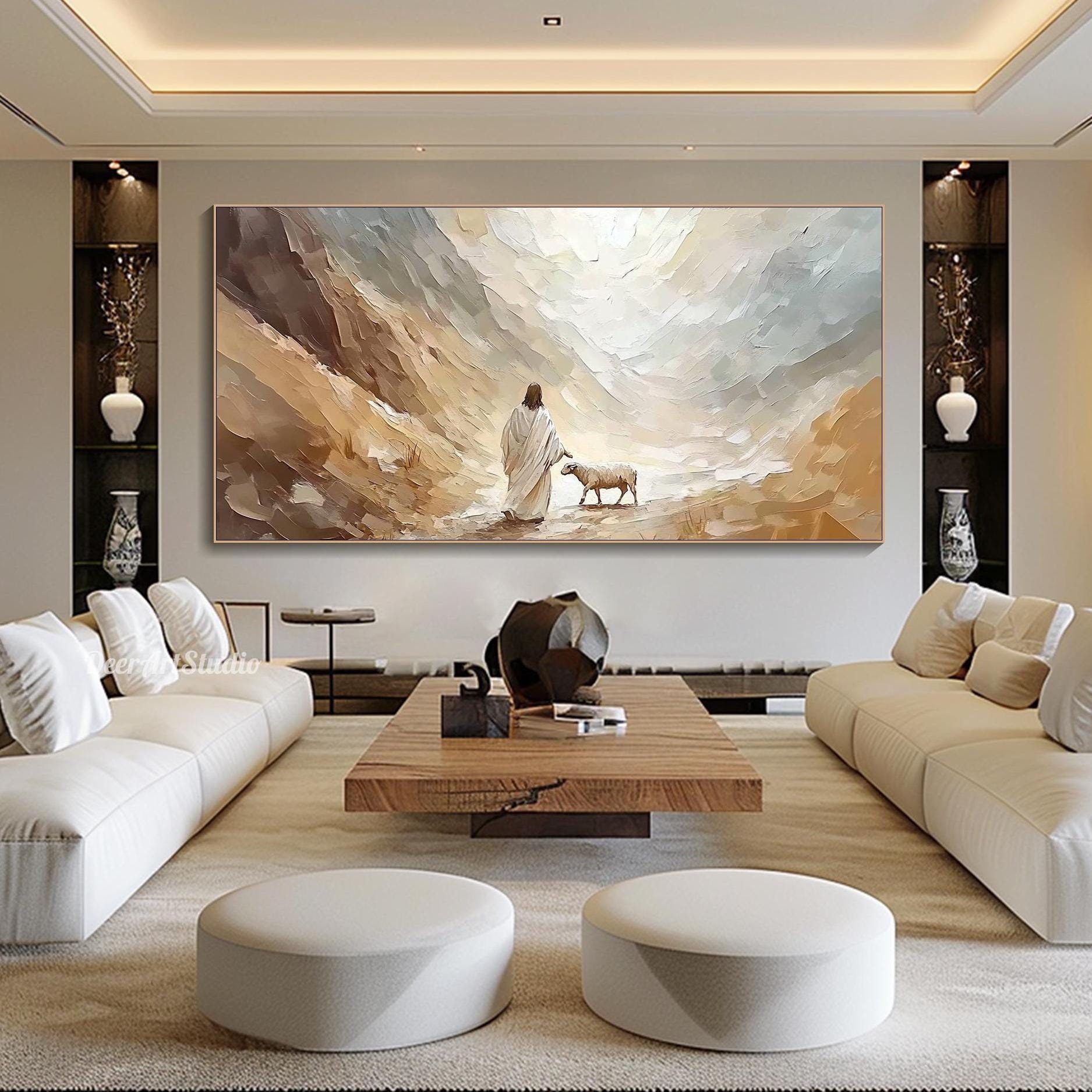 Christian 3D Textured Wall Art Inspirational Warm Tones Jesus Painting on Canvas Religious Art Spiritual Canvas Living Room Serene Wall Art