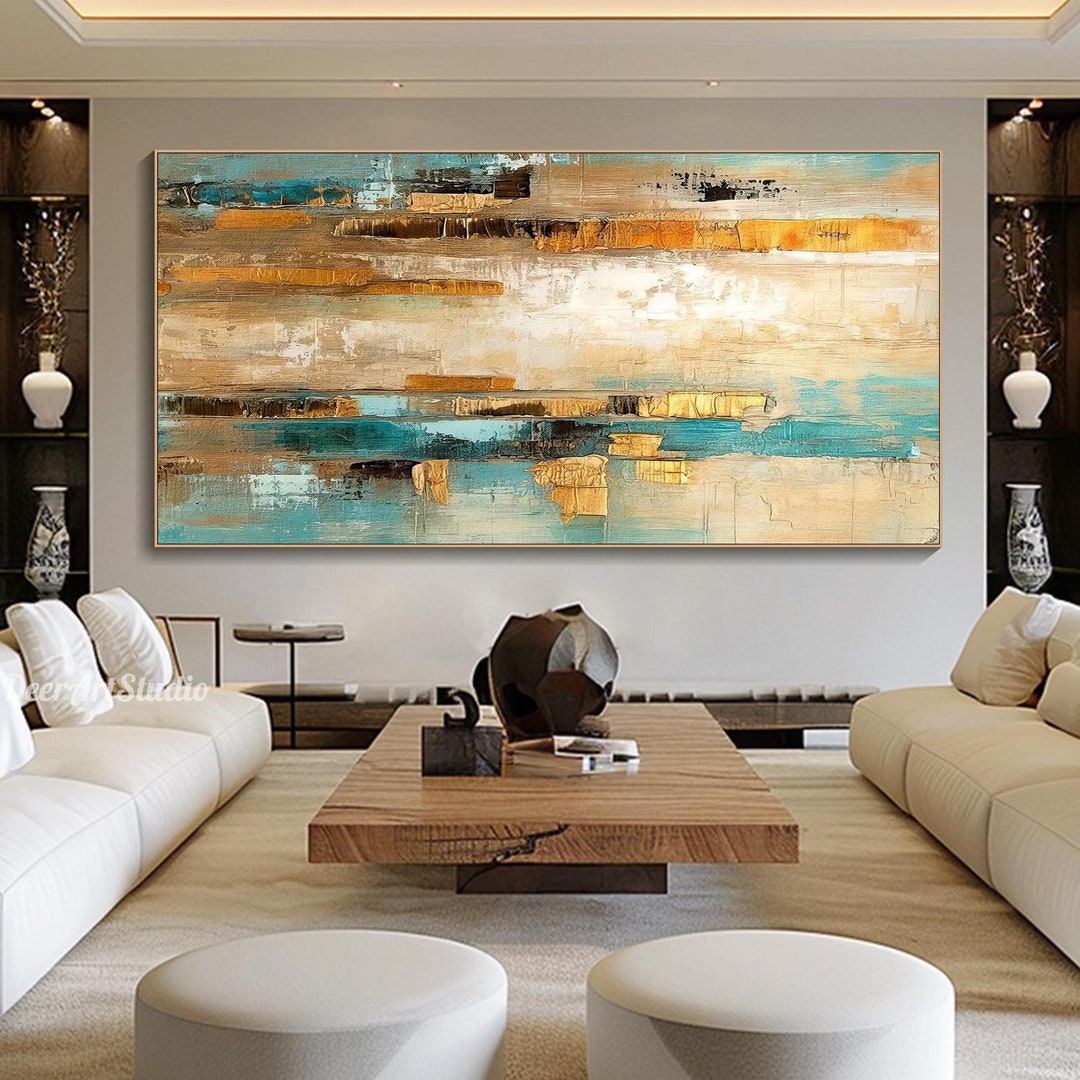 Handmade Abstract Painting on Canvas 3D Textured Gold and Teal Wall Art ...