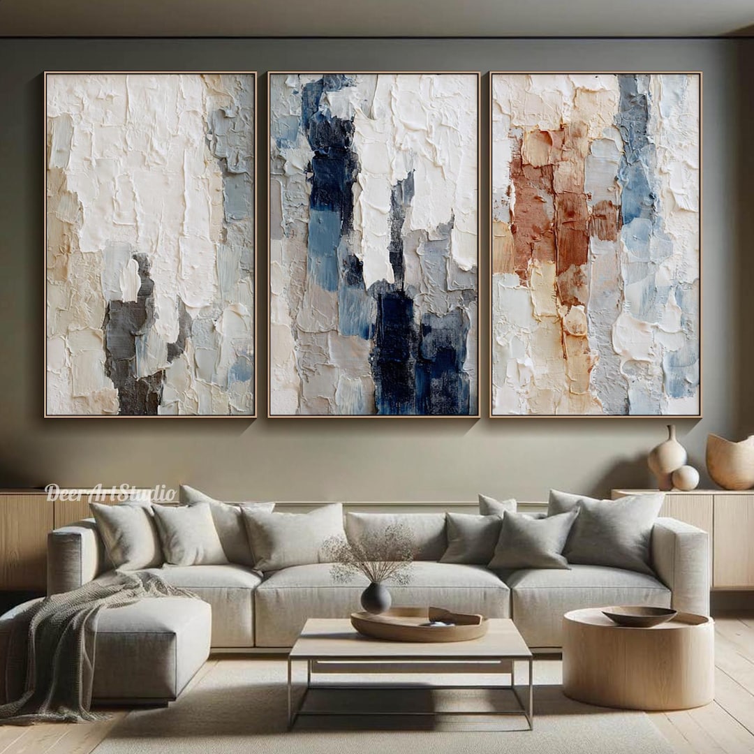 Abstract Triptych Textured Wall Art Modern Beige Blue Oil Painting on ...