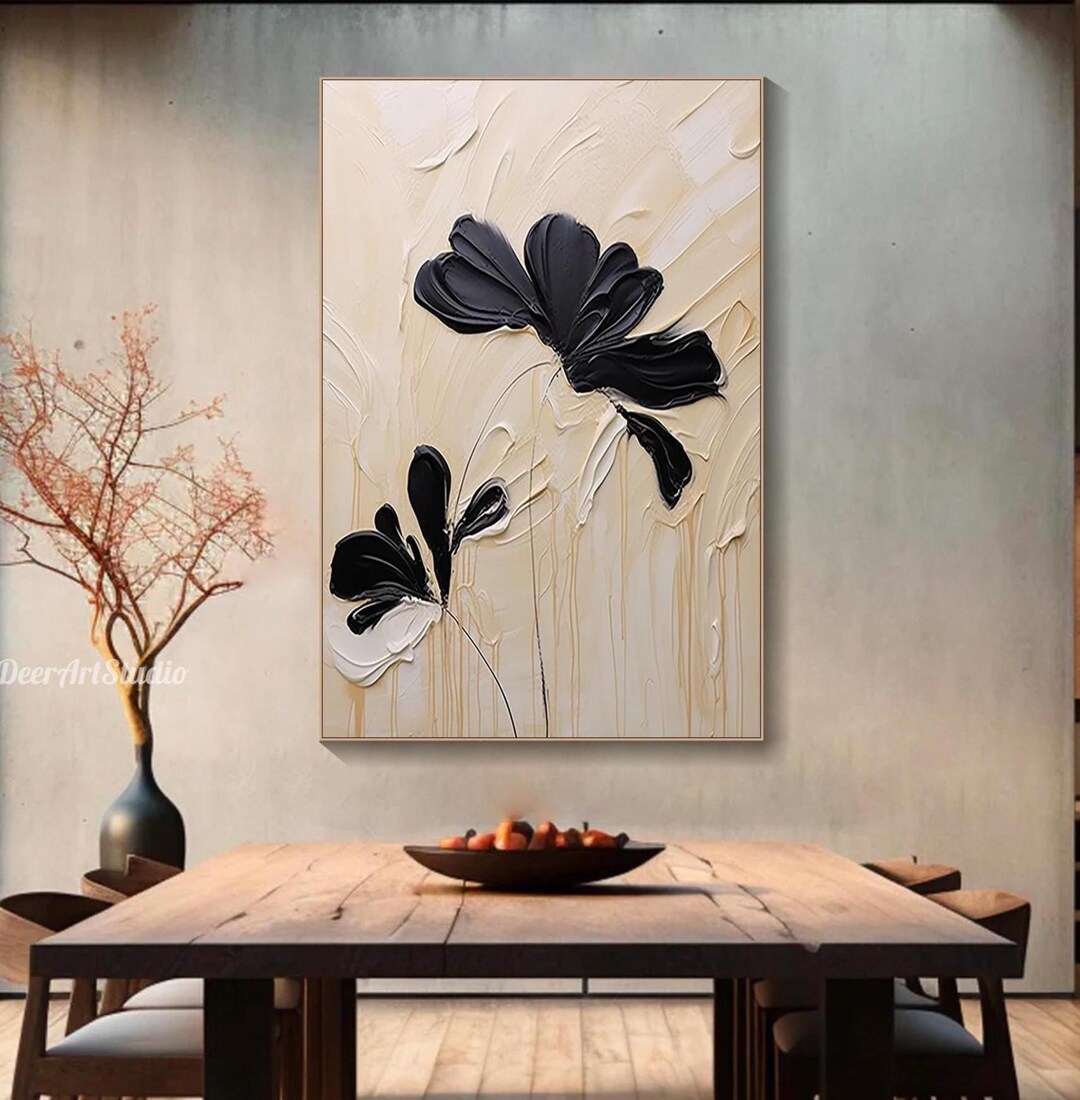 Wabi Sabi Abstract Black and White Flower Textured Wall Art Floral Oil ...