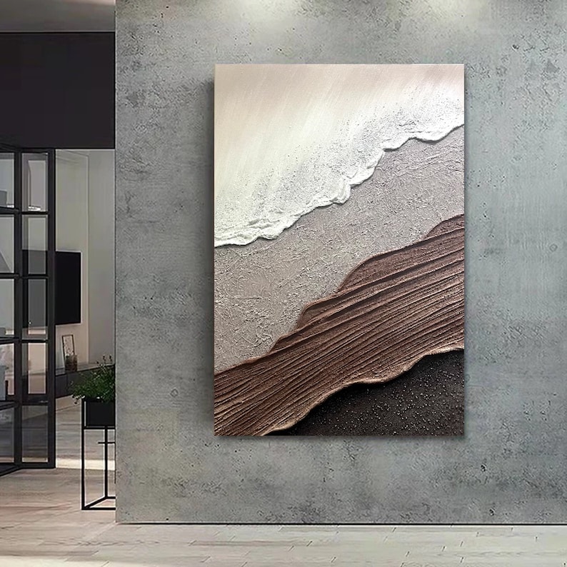 May include: Abstract painting with textured layers of brown, white, and gray paint. The painting has a wave-like pattern and a textured surface.
