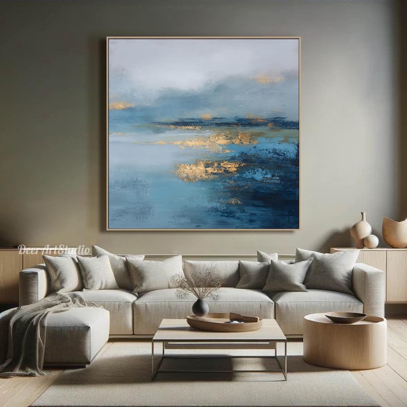 Abstract Blue Landscape Oil Painting on Canvas Modern Textured Wall Art ...