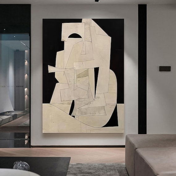 Off Black White Minimalist Painting on Canvas Mid-Century Modern Shape Art Large Scale Textured Sculpture Art Cubist Fragmented Forms Art