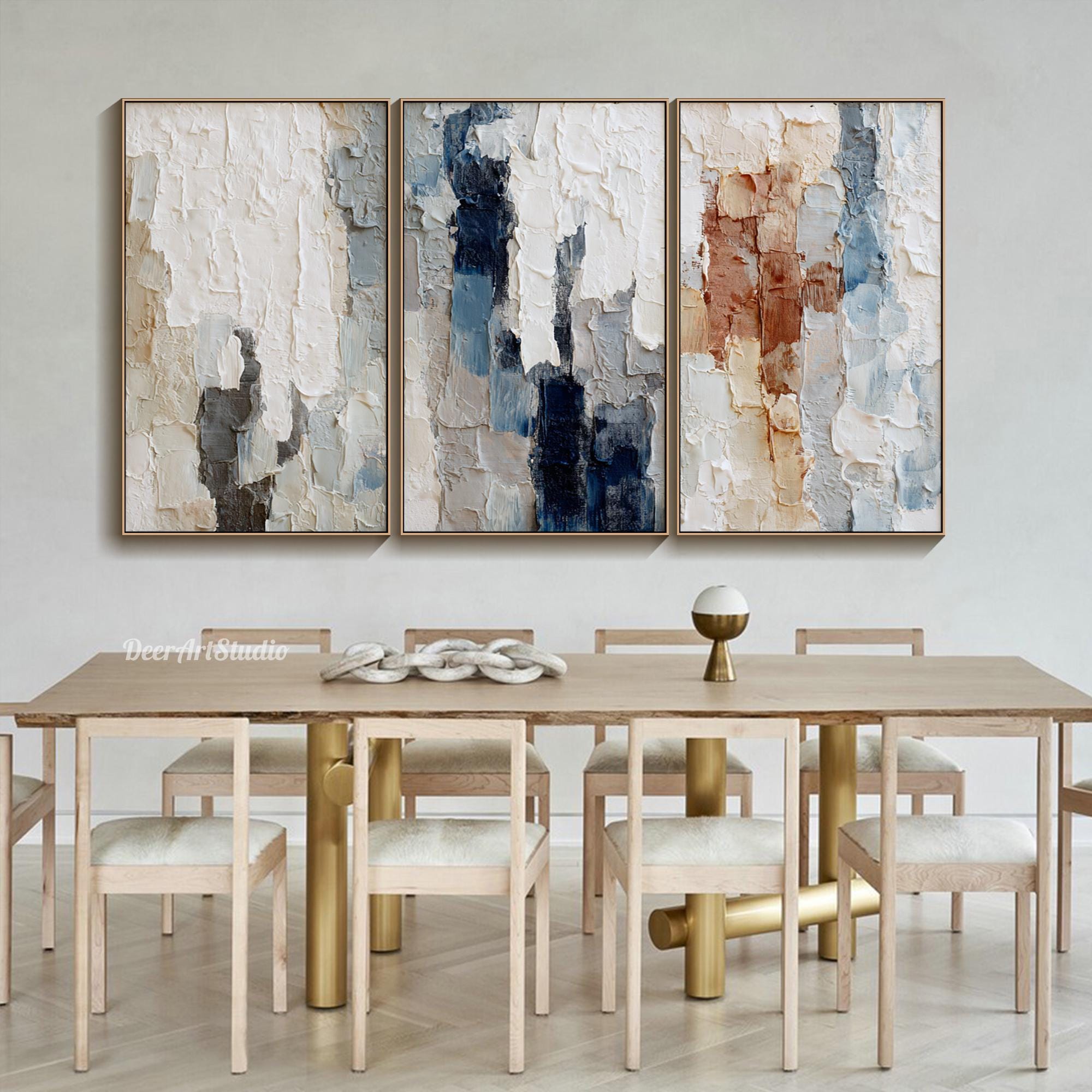 Abstract Triptych Textured Wall Art Modern Beige Blue Oil Painting on ...