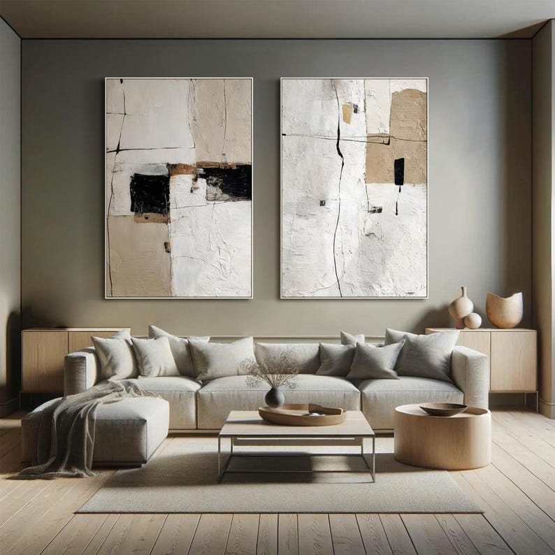 Minimalist Abstract Oil Painting on Canvas Set of 2 Textured Wall Art ...