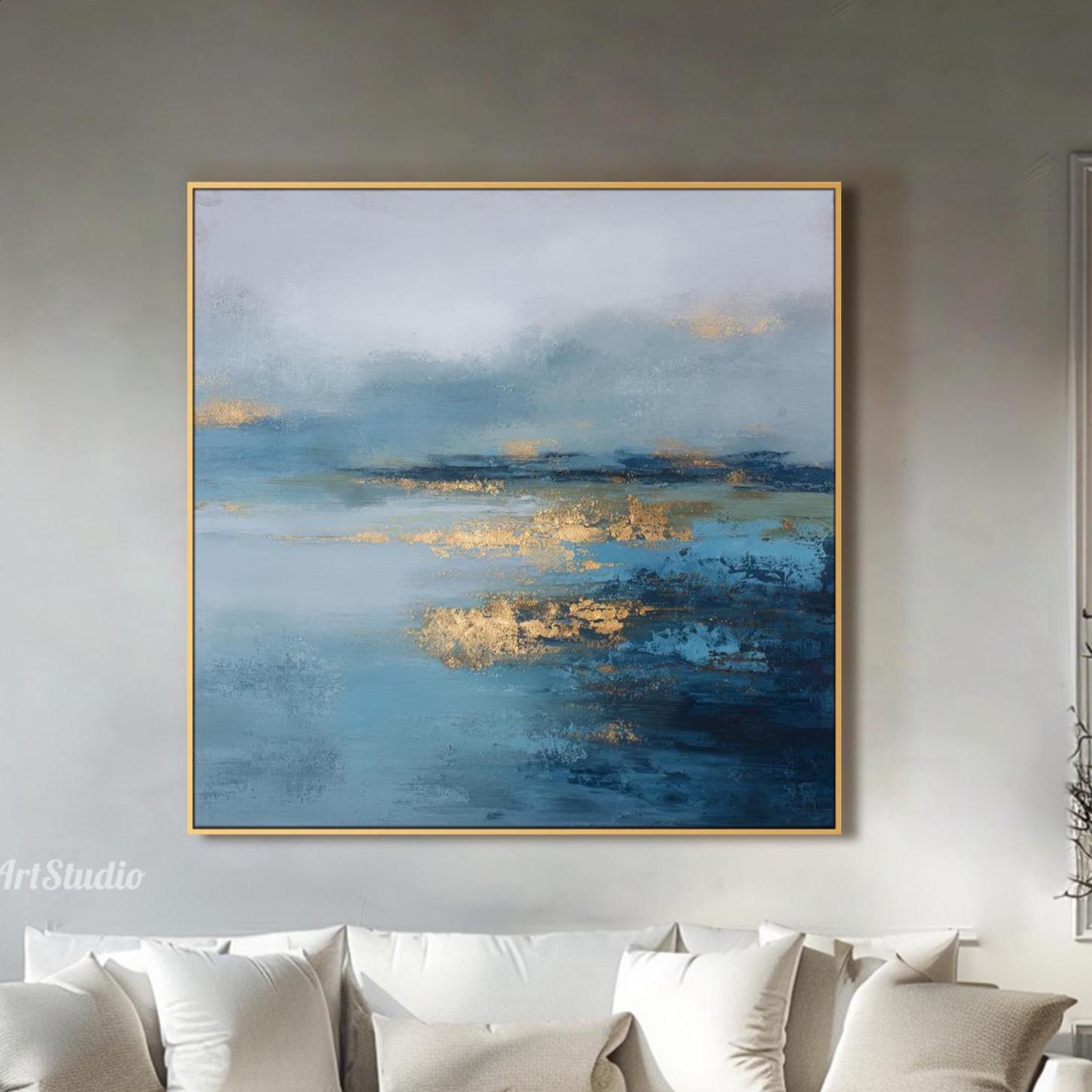Abstract Blue Landscape Oil Painting on Canvas Modern Textured Wall Art ...