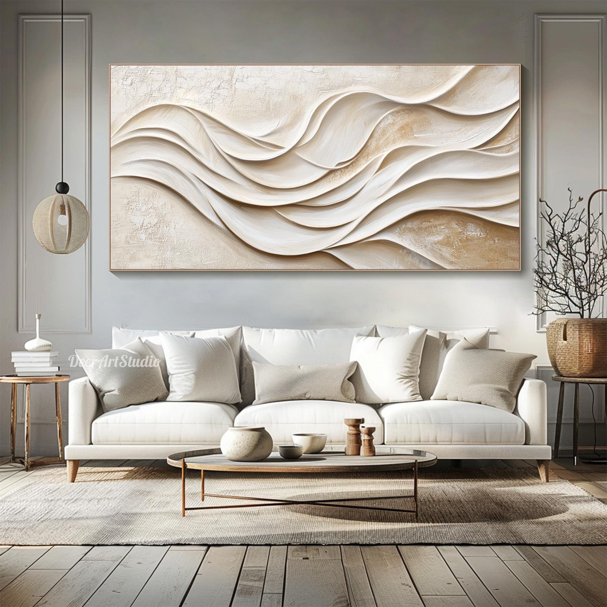 3D Ocean Waves Textured Wall Art Large Wabi-Sabi Wall Art Minimalist Painting on Canvas Fashion Plaster Wall Art Modern Living Room Decor