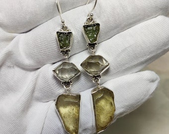 Natural Moldavite, Libyan Desert Glass, Herkimer Diamond Earring, 925 Silver Earring, Czech Moldavite Dangle Earring, Libyan Earring, Sale