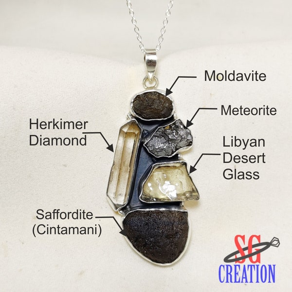 Natural Moldavite, Libyan Desert Glass, Meteorite, Saffordite (Cintamani), Herkimer Diamond Pendant, Black Oxidised 925 Silver Jewelry,Sale