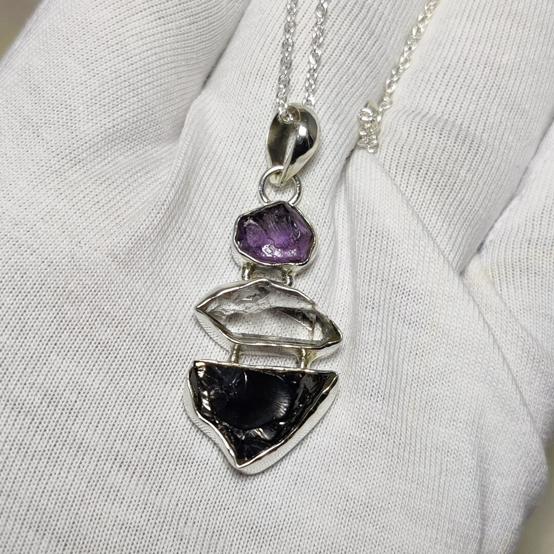 Shungite, Herkimer Diamond, Amethyst Pendant, 925 Silver Jewelry ...
