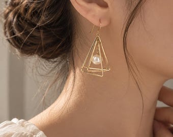 Gold Geometric Pearl Triangle Earrings, Modern Dangle Jewelry