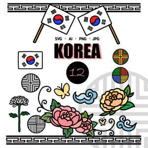 May include: A collection of Korean-themed illustrations, including flags, floral designs, and traditional patterns. The word "KOREA" is displayed in bold, pink letters, and the number "12" is in a black circle. The image has a white background.