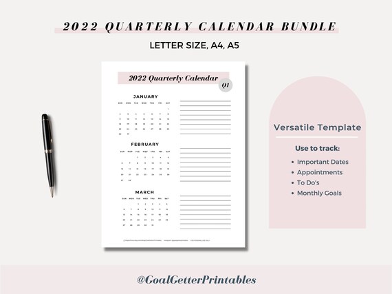printable 2022 quarterly calendar 3 month overview 2022 etsy