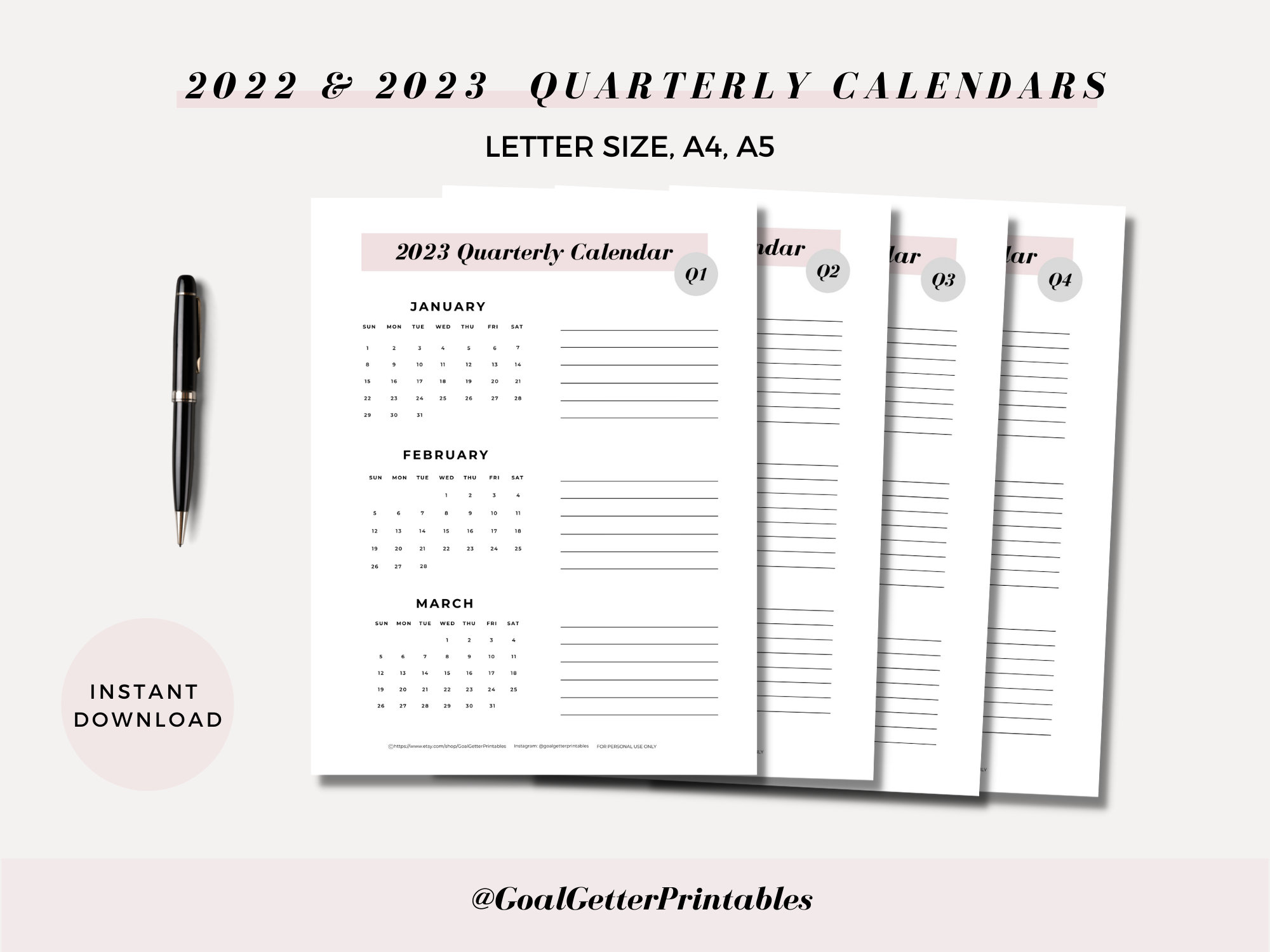 2022 2023 Quarterly Calendar Printable Bundle 3 Month - Etsy