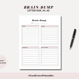 May include: Printable brain dump checklist with sections for home, work, personal, and kids/family. The checklist is in black and white with a light pink background.