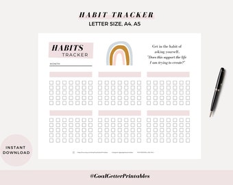 Modèle HABIT TRACKER, Suivi mensuel des habitudes imprimable, Planificateur d’objectifs, Lettre / A4 / A5