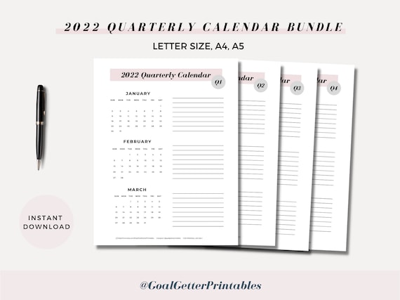 printable 2022 quarterly calendar 3 month overview 2022 etsy