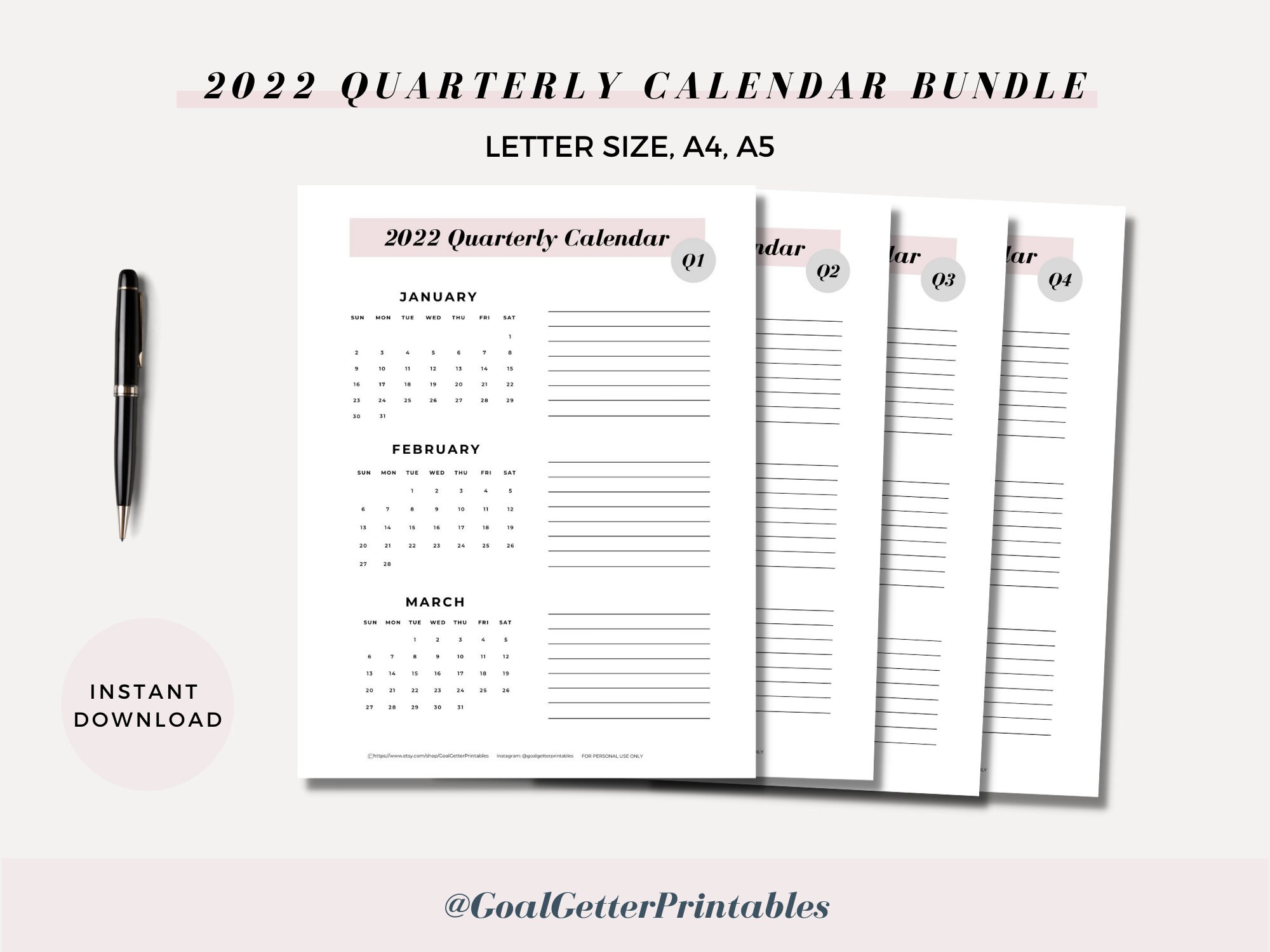 printable 2022 quarterly calendar 3 month overview 2022 etsy