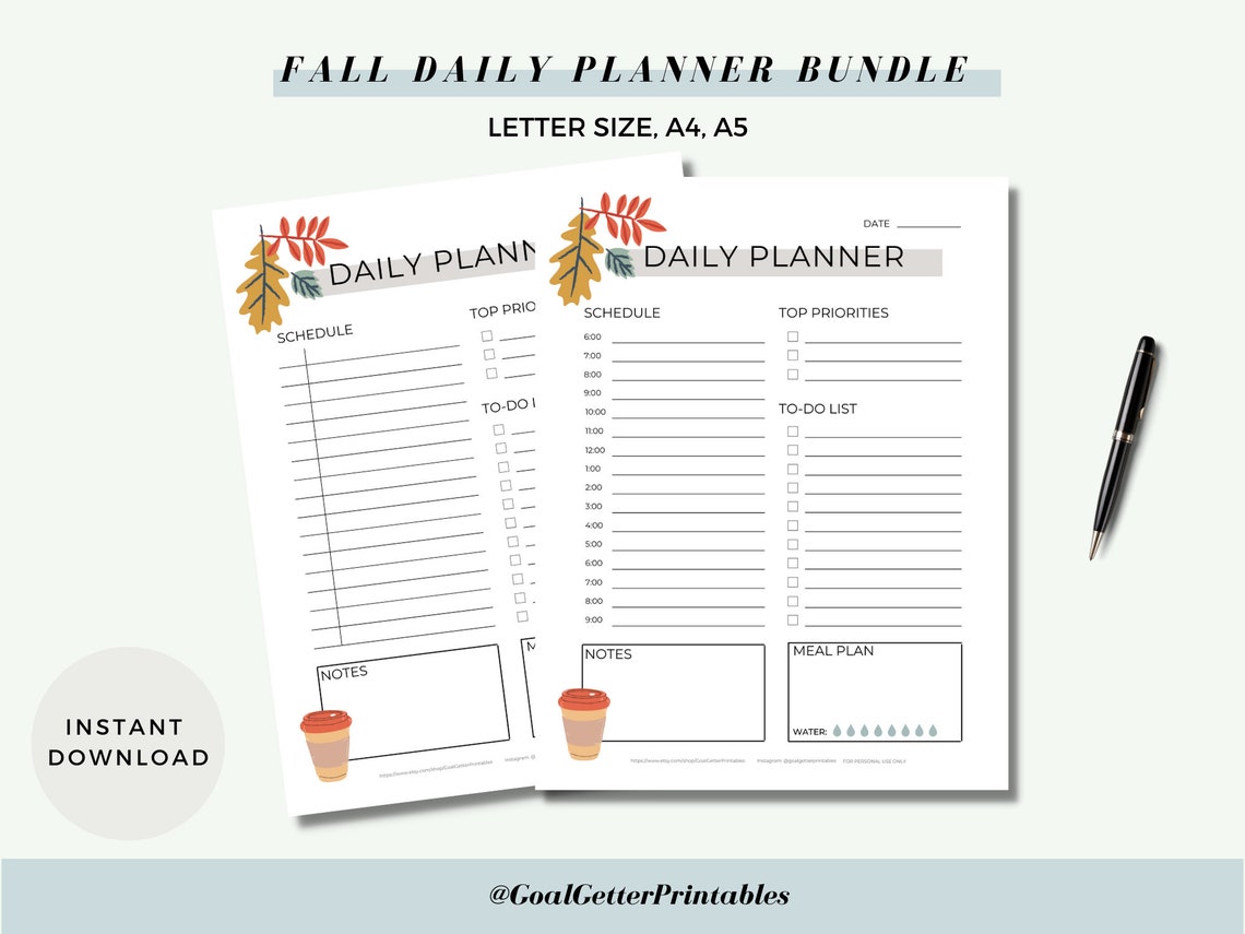 BUNDLE Fall Daily Planner Printable With Hourly Schedule, Fall ...