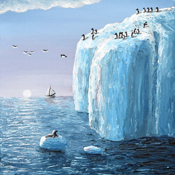 Paysage de glace, Peinture acrylique sur toile, "19 Pingouins"