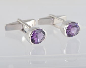 Purple Amethyst gemstone cufflinks- 925 sterling silver cufflinks -Natural oval cut amethyst cufflinks - Men's cufflinks - silver cufflinks.