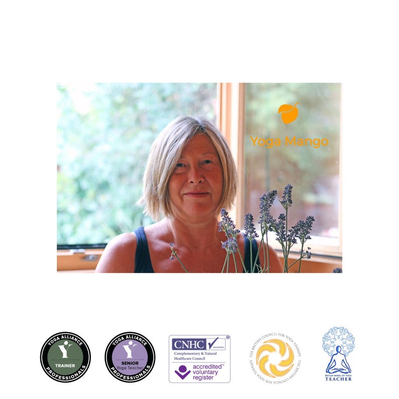 May include: A woman with blonde hair smiles, holding lavender sprigs. The background includes a window and the text "Yoga Mango" with a mango graphic. Logos for yoga and healthcare organizations are at the bottom.