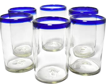 MAREY Mexican Drinking Glasses | Hand blown | Blown Glass | 100% Recycled Glass | Artisan Crafted (Cobalt Blue Rim, Water 16 Oz.)