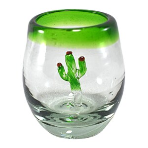 MAREY Mexican Shot Glasses | Artisan Crafted | Blown Glass | Set of 6 Pieces | 100% Recycled Glass | (Green Rim W/ Cactus, Barrel 2 Oz.)