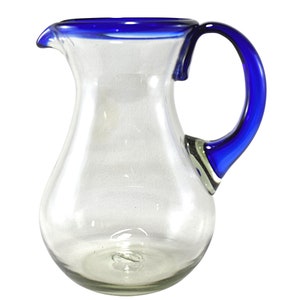MAREY Glass Pitcher for Water | Artisan Handcrafted | Blown Glass from Mexico (Cobalt Blue Rim, 2 Lt.)