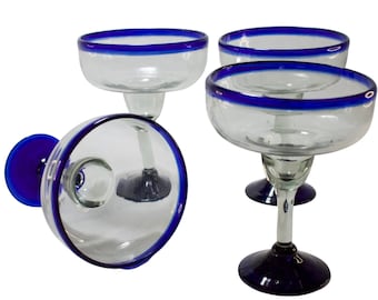 MAREY Hand Blown Mexican Margarita Glass, Cocktail Glass, Handmade Artisan Glassware (Cobalt Blue Rim 14 fl. Oz., Set of 4 Glasses)