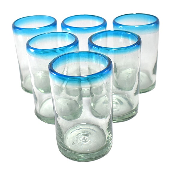 MAREY Mexican Drinking Glasses Artisan Crafted Blownglass Set of 6 Pieces  100% Recycled Glass aqua Rim, Water 16 Oz. 