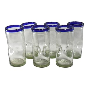 MAREY Handblown Drinking Glasses Artisan Crafted | Mexico | Set of 6 pieces | Blown Glass | Twist Highball (Cobalt Blue, 20 Oz.)